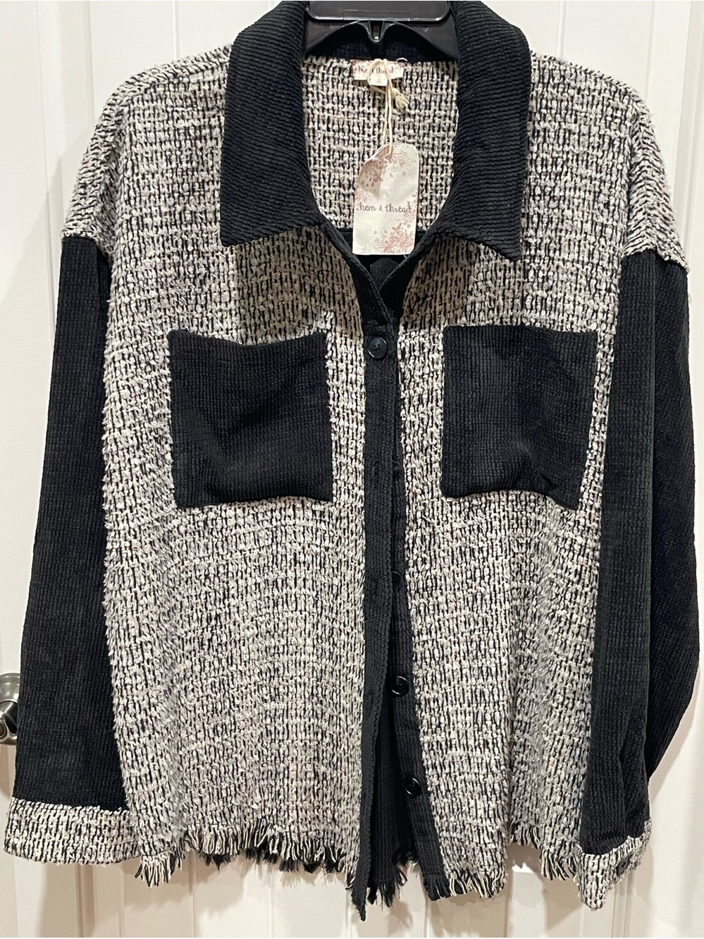 Hem & Thread Black Cream Tweed  Knit Corduroy Button Front Shacket Sz L NWT